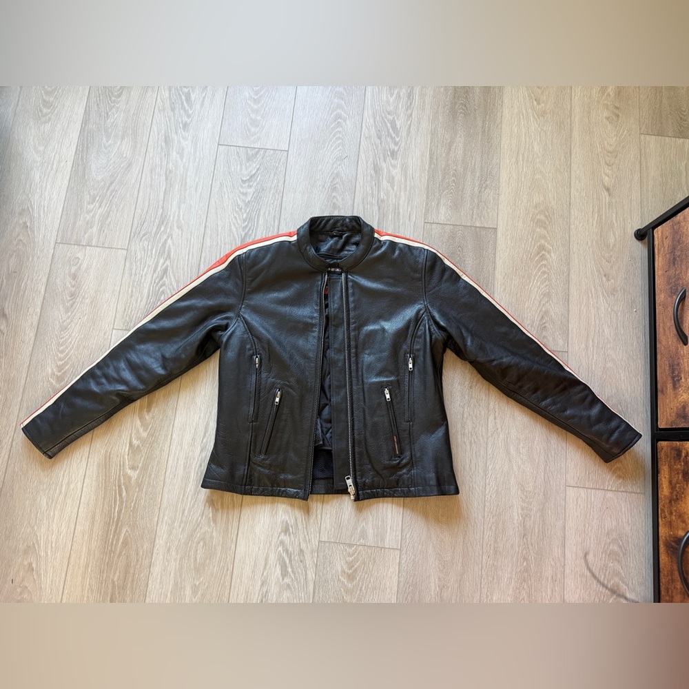 Hot Leathers Leather Jacket Black With Orange Racing Stripe Womens 38/L